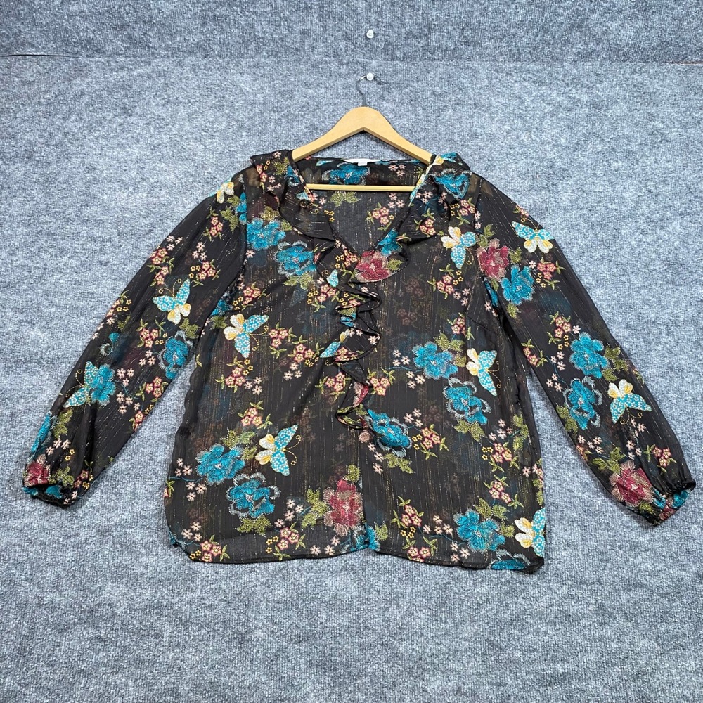 LC‎ Lauren Conrad Black Floral Butterfly Ruffle Blouse Large Boho Sheer Cottage